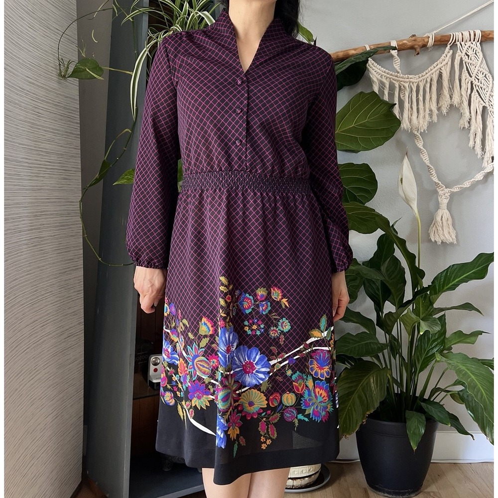 Vintage 70's Geometric Floral Polyester A-Line shirt Dress Black Size Petite S/M